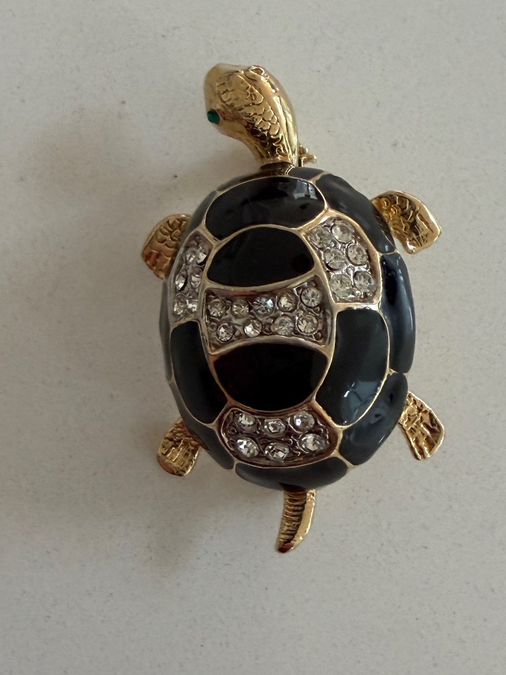 TURTLE Brooch Black and Gold Colour Metal Rhinestone Eyes Minimalist Whimsical